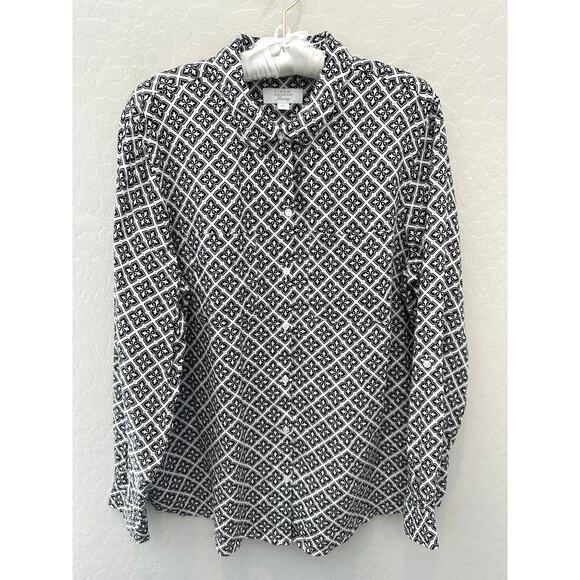 CHARTER CLUB Luxury Linen Shirt Black White Geometric Button Down Blouse Top XL - Picture 1 of 7